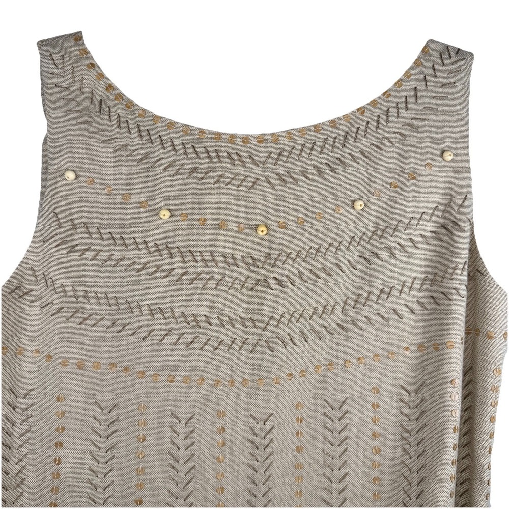 Ellen Tracy Womens Size 10 Tank Top Sleeveless Beaded Linen Blend Beige Boho